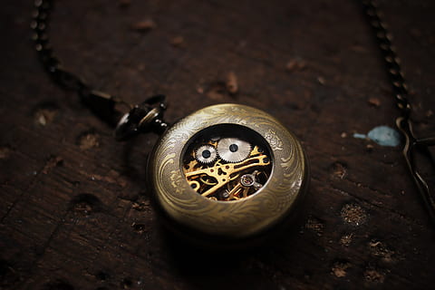 round gold skeleton, watch, timepiece, clock, pocketwatch, dial, old, gears, gold, aged, pocket, vintage, metal, no people, high angle view, close-up, wood - material, selective focus, table, indoors, still life, pocket watch, time, jewelry, shape, coin, antique, gold colored, day, single object, silver colored, 5K, CC0, public domain, royalty free