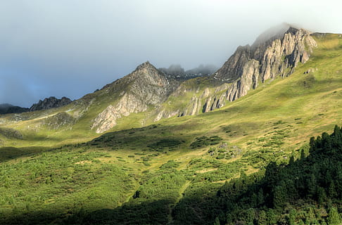 paisatge, naturalesa, cel, núvols, Alps, núvol, coníferes, camp, medi ambient, avets, boira, bosc, herba, boirina, muntanya, a l'aire lliure, pins, rocós, muntanya rocosa, rural, escènic, viatjar, arbres, boscos, escenics - natura, escena tranquil·la, bellesa a la natura, tranquil·litat, color verd, planta, escena no urbana, cap gent, dia, Serra, idíl·lic, terra, remot, cim de muntanya, paisatge rodant, 5K, CC0, domini públic, lliure de regalies