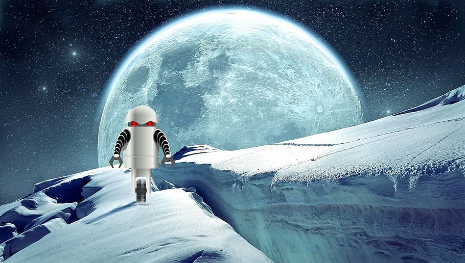 robot, espai, futurista, màquina, paisatge, futur, horitzó, planeta, fred, àrtic, panorama, escena, fantasia, medi ambient, android, escènic, alienígena, somni, exploració, astronomia, estrella - espai, nit, cel, naturalesa, escenics - natura, exploració espacial, galàxia, planeta - espai, lluna, aventura, una persona, hivern, temperatura de fred, neu, adult, a l'aire lliure, compost digital, 1080P