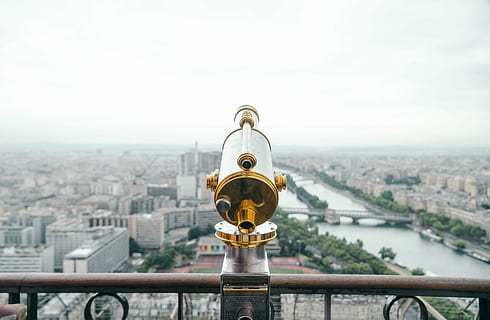 gold, stainless, steel telescope, brass, silver, steel, telescope, balcony, rail, city, day, still, items, things, coin, operated, binoculars, architecture, buildings, office, residential, structures, bridge, water, river, boats, sky, clouds, horizon, view, cityscape, coin-operated binoculars, city life, building exterior, urban skyline, tower, outdoors, built structure, coin operated, connection, travel destinations, nature, bridge - man made structure, no people, travel, astronomy, hand-held telescope, skyscraper, office building exterior, 4K