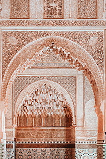 architettura marocchina, edificio in cemento marrone, costruzione, parete, pietra, arco, architettura, struttura costruita, destinazioni di viaggio, luogo di culto, il passato, storia, religione, modello, intaglio - prodotto artigianale, nessuno, design, antico, ornato, calligrafia, arte e artigianato, mestiere, monumento, colonna architettonica, 4K, CC0, dominio pubblico, privo di copyright