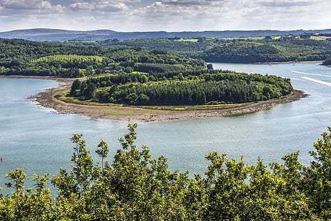 baggrund, landskab, tapet, natur, flod, blå, træer, vegetation, planter, Skov, skyer, træ, ingen mennesker, rolig scene, udendørs, plante, vand, scenics - natur, jord, miljø, himmel, grøn farve, sky - himmel, skønhed i naturen, ro, hav, dag, nåletræ, fyrretræ, fyrreskov, 2K, CC0, offentligt domæne, royaltyfrie