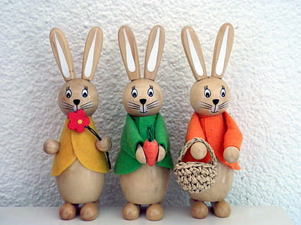 three, assorted-color, ceramic, rabbit figurines, easter bunny, easter, hare, holzfigur, spring, representation, creativity, art and craft, indoors, celebration, no people, still life, human representation, rabbit - animal, holiday, close-up, decoration, figurine, craft, 2K, CC0, public domain, royalty free