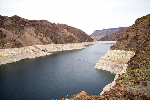 canal, daylight, grass, hills, Hoover Dam, landscape, nature, river, rocks, sky, sunny, water, rock, mountain, rock - object, beauty in nature, solid, scenics - nature, land, no people, travel destinations, day, non-urban scene, tranquility, rock formation, tranquil scene, environment, dam, outdoors, eroded, 5K