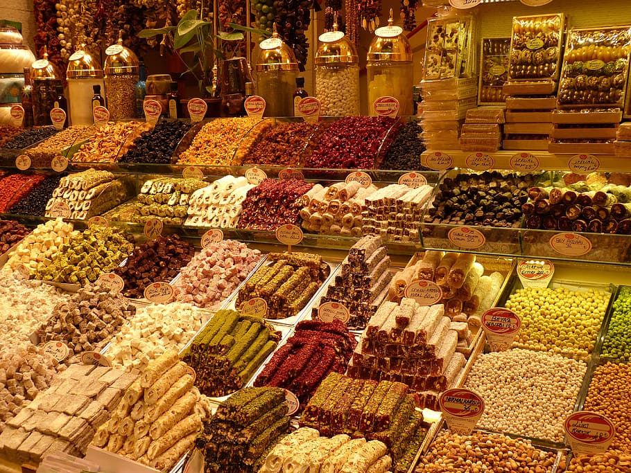botiga de menjar, menjar, botiga, basar, mercat, negocis, gall dindi, Istanbul, deliciós, oriental, bazar, pastisseria, Paradeta, dolçor, plaer turc, knabberzeug, turc, venda al detall, variació, menjar i beguda, alimentació saludable, elecció, abundància, arranjament, frescor, a la venda, gran grup d'objectes, fruita, benestar, il·luminat, espècia, cap gent, nit, ordre, visualització al detall, consumisme, 4K