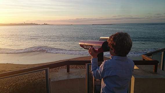 viewpoint, sea, sunset, water, sky, rear view, scenics - nature, one person, real people, beauty in nature, men, horizon over water, nature, railing, horizon, lifestyles, child, boys, leisure activity, looking at view, 4K, CC0, public domain, royalty free