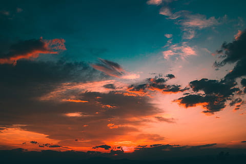 gray, clouds, horizon, sky, blue, daytime, sunset, red, cloud, night, dark, hour, golden, sunrise, mood, landscape, skyline, teal, orange, cloud - sky, beauty in nature, orange color, scenics - nature, tranquility, nature, tranquil scene, no people, environment, dramatic sky, silhouette, idyllic, outdoors, cloudscape, vibrant color, dusk, atmospheric mood, bright, 4K, CC0, public domain, royalty free