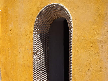 Door, Input, Output, Old, Portal, Arc, input, output, yellow, close-up, no people, day, outdoors, built structure, architecture, wall - building feature, metal, building exterior, pattern, arch, textured, sunlight, shape, wall, security, full frame, ornate, 2K, CC0, public domain, royalty free