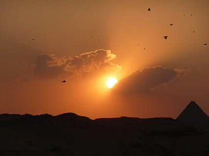 západ slunce, pyramida, Egypt, faraonů, dom, nebe, krása v přírodě, zvířat, zvíře, obratlovců, pták, skupina zvířat, zvířata ve volné přírodě, scenics - příroda, oranžová barva, silueta, slunce, létající, Příroda, klid, klidné scény, slunečního světla, nikdo, venku, hejno ptáků, 2K, CC0, veřejná doména, bez autorských práv