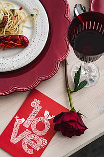 dinner, seafood pasta, crayfish, red, wine, table, decorated, roses, Fancy, seafood, pasta, red wine, elegant, octopus, rose - Flower, plate, flower, celebration, food, indoors, food and drink, high angle view, still life, no people, drink, refreshment, wineglass, glass, freshness, event, close-up, alcohol, napkin, 4K, CC0, public domain, royalty free