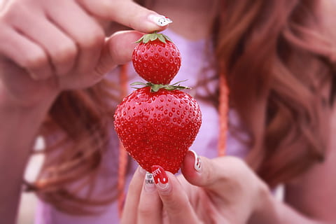 Frau, halten, zwei, Erdbeerfrüchte, Erdbeere, Früchte, Obst, menschliche Hand, Nahansicht, Menschen, kaukasischer Abstammung, Frauen, Frische, Erwachsene, Lebensmittel, menschliches Körperteil, rot, gesundes Essen, Essen und Trinken, Hand, Beerenfrucht, Wohlbefinden, Fokus auf den Vordergrund, gesunder Lebensstil, reif, Mund offen, Finger, 1080P, CC0, gemeinfrei, lizenzfrei