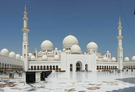 Taj Mahal, tagsüber, Abu Dhabi, VAE, Moschee, Kuppel, die Architektur, Reiseziele, Tourismus, Reise, gebaute Struktur, Anbetungsstätte, Himmel, Religion, Gebäudehülle, klarer Himmel, Bogen, Natur, Geschichte, weiße Farbe, Stadt, Tag, die Vergangenheit, draußen, Bodenbelag, Fliesenboden, Hof, 4K, CC0, gemeinfrei, lizenzfrei