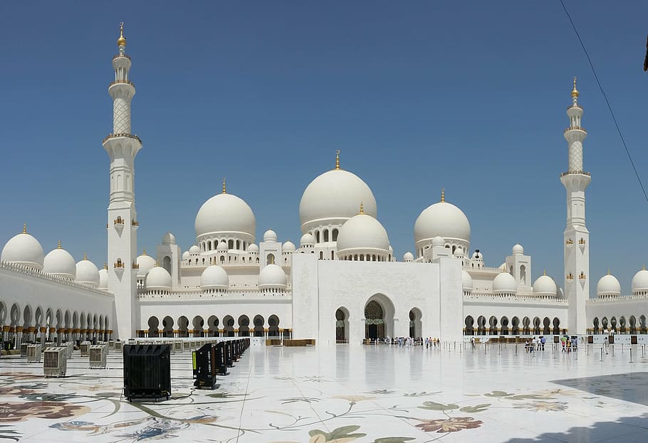 Taj Mahal, tagsüber, Abu Dhabi, VAE, Moschee, Kuppel, die Architektur, Reiseziele, Tourismus, Reise, gebaute Struktur, Anbetungsstätte, Himmel, Religion, Gebäudehülle, klarer Himmel, Bogen, Natur, Geschichte, weiße Farbe, Stadt, Tag, die Vergangenheit, draußen, Bodenbelag, Fliesenboden, Hof, 4K
