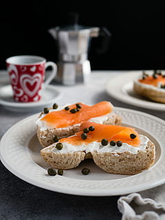 lunch sandwich, Lunch, sandwich, bread, breakfast, fish, plate, salmon, sandwiches, seafood, smoked, smoked salmon, food and drink, coffee - drink, coffee cup, food, no people, freshness, mug, cup, indoors, close-up, drink, table, still life, focus on foreground, coffee, refreshment, ready-to-eat, serving size, sweet food, black background, temptation, glass, tea cup, snack, 5K, CC0, public domain, royalty free
