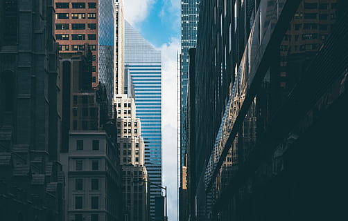 worms eye view, buildings, city buildings, daytime, building, structure, skyscraper, blue, sky, cloud, glass, reflection, street, city, urban, new york, manhattan, skyscrapper, modern architecture, building exterior, architecture, built structure, office building exterior, modern, tall - high, no people, office, day, nature, residential district, city life, sunlight, tower, outdoors, financial district, 5K, CC0, public domain, royalty free