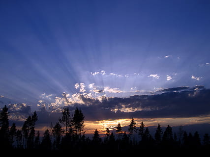 Sonnenuntergang, Sonnenstrahl, Abend, Landschaft, Abendlandschaft, Himmel, Silhouette, szenen, wolke - himmel, Baum, Schönheit in der Natur, Szenen - Natur, Pflanze, ruhige Szene, Ruhe, keine Leute, Natur, idyllisch, Nicht-städtische Szene, Wachstum, Blau, draußen, Wald, Umgebung, Nadelbaum, 4K, CC0, gemeinfrei, lizenzfrei