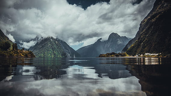 mountain range, surrounded, water, mountain, highland, cloud, sky, summit, ridge, landscape, nature, valley, lake, reflection, tranquility, cloud - sky, beauty in nature, no people, scenics, scenics - nature, tranquil scene, environment, non-urban scene, outdoors, day, snowcapped mountain, 4K, CC0, public domain, royalty free