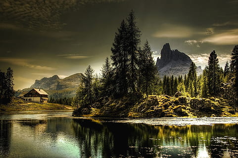 Fajar, pemandangan, gunung, alam, alpine, awan, siang hari, hijau abadi, hutan, rumah, danau, puncak gunung, di luar rumah, refleksi, sungai, indah, langit, perjalanan, pohon, melihat, air, keindahan di alam, menanam, scenics - alam, Arsitektur, eksterior bangunan, struktur yang dibangun, bangunan, ketenangan, awan - langit, adegan yang tenang, tepi laut, tidak ada orang, danau refleksi, 2K, CC0, domain publik, bebas royalti
