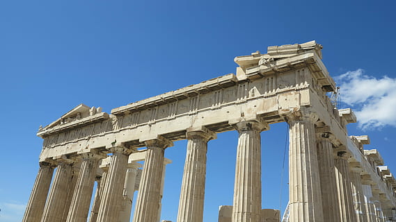 acropoli, tempio, cielo, architettura, destinazioni di viaggio, colonna architettonica, storia, il passato, antico, struttura costruita, viaggio, turismo, blu, natura, vecchia rovina, città, Inquadratura dal basso, soleggiato, vecchio, archeologia, memoriale, antica civiltà, rovinato, nessuno, all'aperto, neoclassico, colonnato, 4K, CC0, dominio pubblico, privo di copyright