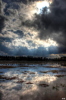 fields, sky, reflections, clouds, outdoors, scenic, tranquil, stratosphere, atmosphere, high, weather, meteorology, cloudscape, view, environment, nature, cloud - sky, water, tranquility, tranquil scene, scenics - nature, beauty in nature, no people, reflection, lake, day, plant, non-urban scene, land, storm, power in nature, 1080P, CC0, public domain, royalty free