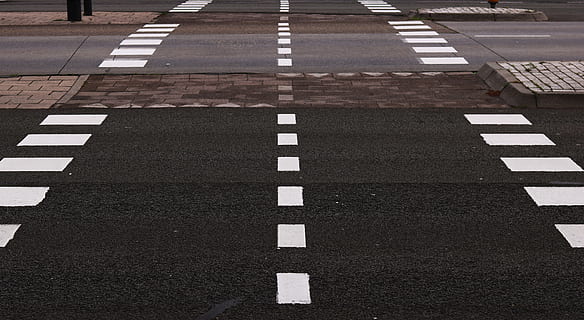 black, gray, concrete, road, white, lanes, white pedestrian lane, black and white, pedestrian, lane, street, crosswalk, asphalt, zebra Crossing, urban Scene, no People, outdoors, sign, road marking, marking, symbol, high angle view, transportation, day, pattern, direction, city, in a row, white color, the way forward, dividing line, 5K, CC0, public domain, royalty free