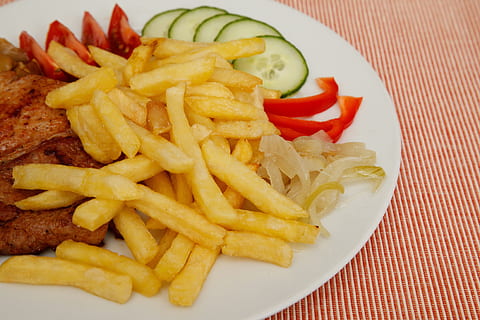 fries, grilled, meat, plate, beef, chips, diet, dinner, dish, eat, food, french, fry, lunch, meal, pork, restaurant, roast, roasted, steak, vegetable, ready-to-eat, fast food, french fries, potato, prepared potato, unhealthy eating, food and drink, fried, freshness, still life, close-up, indoors, tomato, no people, fruit, snack, high angle view, fast food french fries, temptation, comfort food, 4K, CC0, public domain, royalty free