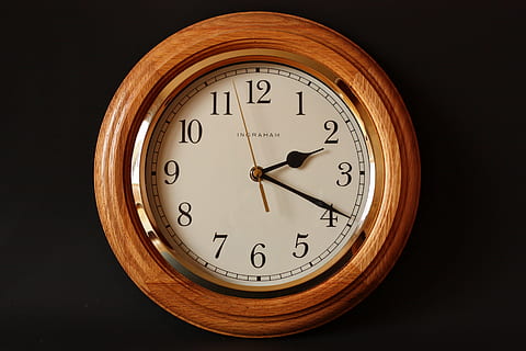 round, brown, analog wall clock, black, surface, alarm clock, classic, clock, dial, gold, late, minute, noon, number, precision, quartz, time, timer, wall, wall clock, watch, wooden clock, minute hand, clock face, old-fashioned, single object, retro styled, black background, no people, indoors, shape, geometric shape, circle, studio shot, instrument of time, close-up, antique, clock hand, wood - material, 4K, CC0, public domain, royalty free