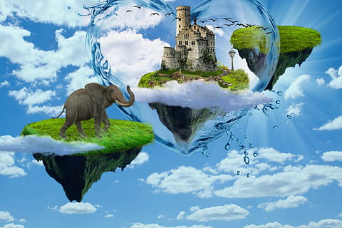 natureza, nuvem, céu, panorama, photoshop, nuvem - céu, plantar, ninguém, dia, temas animais, visão de baixo ângulo, vertebrado, animal, representação, árvore, agua, reflexão, arte e Artesanato, arquitetura, ao ar livre, azul, criatividade, 1080P, CC0, domínio público, royalty free