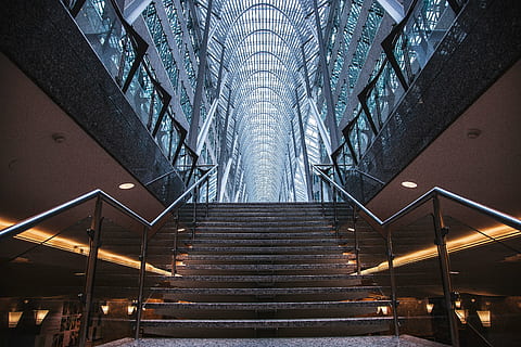 low, angle photography, stairs, inside, building, architecture, infrastructure, structure, establishment, classy, industry, indoors, no people, modern, day, city, built structure, staircase, low angle view, business, transportation, illuminated, steps and staircases, reflection, outdoors, metal, office, building exterior, nature, business finance and industry, office building exterior, skyscraper, steel, 4K, CC0, public domain, royalty free