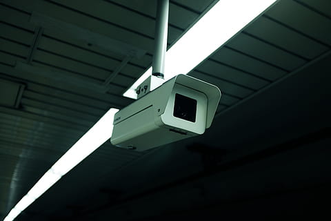 white security camera, cctv, camera, security, safety, ceiling, architecture, built structure, low angle view, indoors, no people, security camera, technology, wall - building feature, sunlight, shadow, surveillance, protection, building, electricity, illuminated, day, 4K, CC0, public domain, royalty free
