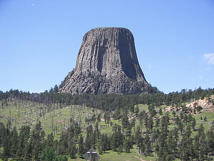 devils tower, wyoming, tower, mountain, nature, monument, landscape, devils, natural, rock, landmark, outdoors, tourism, america, scenic, scenery, usa, wilderness, plant, sky, tree, day, tranquility, clear sky, beauty in nature, scenics - nature, tranquil scene, no people, land, travel destinations, non-urban scene, blue, travel, architecture, rock formation, formation, 2K, CC0, public domain, royalty free