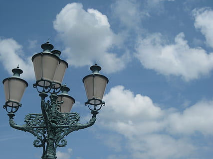 sky, clouds, lantern, cloud, blue, cloud - sky, lighting equipment, street light, low angle view, street, no people, nature, day, outdoors, electric lamp, architecture, gas light, antique, ornate, metal, built structure, design, light, 2K, CC0, public domain, royalty free