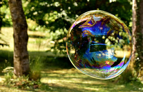 Soap Bubble, Huge, large, make soap bubbles, wabbelig, iridescent, soapy water, fun, fly, colorful, nature, bubble, soap Sud, outdoors, green Color, reflection, tree, planet earth, planet - space, shiny, sphere, multi colored, fragility, vulnerability, plant, transparent, day, close-up, focus on foreground, no people, shape, geometric shape, circle, 4K, CC0, public domain, royalty free