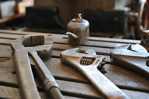 three, gray, adjustable, wrenches, tools, spanner, mechanic, indoors, work tool, metal, wood - material, workshop, no people, craft, art and craft, variation, selective focus, choice, large group of objects, still life, close-up, workbench, equipment, small business, hand tool, skill, old, antique, metal industry, 4K, CC0, public domain, royalty free