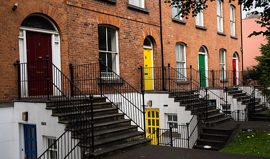 door, front door, input, input range, house entrance, house facade, dublin, ireland, colorful, yellow, green, red, stairs, output, wooden door, facade, city, architecture, romantic hauseingang, urban, built structure, building exterior, staircase, steps and staircases, building, railing, window, no people, entrance, day, residential district, fire escape, safety, outdoors, security, arch, protection, 5K, CC0, public domain, royalty free