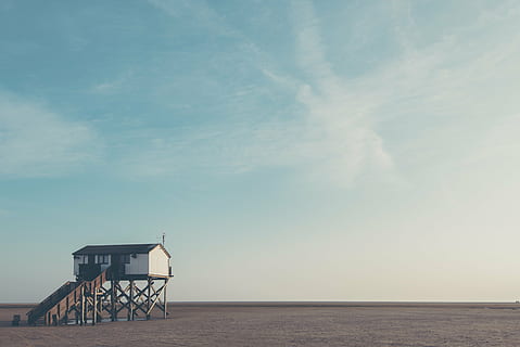 white, black, house, blue, sky, daytime, barn, cabin, clouds, alone, sea, built structure, beach, cloud - sky, architecture, water, outdoors, scenics, horizon over water, horizon, scenics - nature, lifeguard hut, nature, beauty in nature, tranquil scene, hut, safety, land, tranquility, security, no people, 5K, CC0, public domain, royalty free