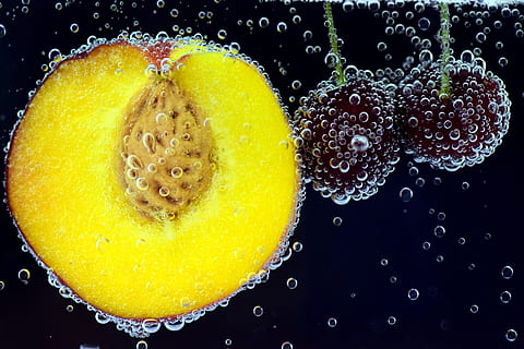 food, healthy, water, fruits, air bubbles, bubble, bubbly, cherries, clean, close-up, color, colorful, delicious, drop, fresh, fresh fruit, freshness, immersed, juice, juicy, liquid, peach, refreshment, round, slice, submerged, sweet, underwater, water bubbles, wet, food and drink, yellow, indoors, studio shot, healthy eating, no people, wellbeing, fruit, drink, still life, nature, breakfast, black background, temptation, purity, 5K, CC0, public domain, royalty free