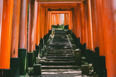 orange beton torii, rot, schwarz, hölzern, Beiträge, Tempel, Orange, Struktur, Pfad, die Architektur, Religion, Glauben, Spiritualität, Anbetungsstätte, gebaute Struktur, der Weg nach vorn, Richtung, in einer Reihe, Treppe, orange Farbe, Schrein, keine Leute, architektonische Säule, Gebäude, abnehmende Perspektive, 5K, CC0, gemeinfrei, lizenzfrei