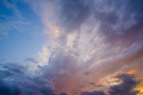 gray, clouds, daytime, white, sky, dusk, cloud, blue, orange, outdoor, sun, heavy, cloud - sky, scenics - nature, cloudscape, dramatic sky, beauty in nature, nature, sunset, tranquility, environment, no people, tranquil scene, low angle view, wind, moody sky, atmosphere, overcast, backgrounds, outdoors, meteorology, climate, abstract, abstract backgrounds, 5K, CC0, public domain, royalty free