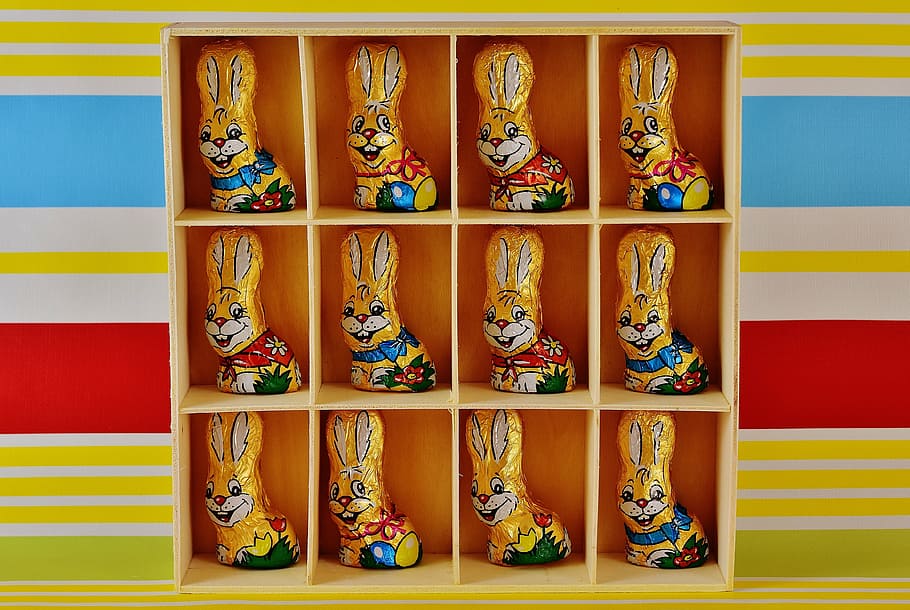 molta figureta de conill, prestatges per a cubs, conillets de xocolata, Pasqua, conill de Pasqua, caramels, Feliç Pasqua, tema de pasqua, dolçor, deliciós, salutació de pasqua, marca, cultures, en fila, prestatge, art i artesania, cap gent, a l'interior, vermell, costat a costat, multicolor, patró, funció de construcció de parets, sabata, ordre, artesania, creativitat, arquitectura, color vibrant, groc, elecció, ornamentat, motiu floral, 4K
