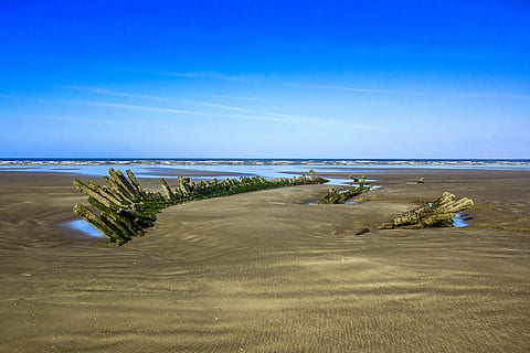 wreck, ship, beach, coast, england, water, sea, land, sky, horizon over water, horizon, scenics - nature, sand, beauty in nature, tranquility, blue, tranquil scene, nature, day, non-urban scene, no people, clear sky, outdoors, marram grass, 4K, CC0, public domain, royalty free