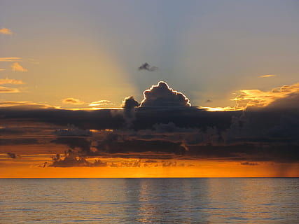 landscape photograph, body, water, golden, hour, stratus clouds, silhouette, photo, clouds, sun, set, sunset, fire, sea, ocean, sky, nature, beauty in nature, cloud - sky, scenics - nature, waterfront, tranquility, tranquil scene, horizon over water, reflection, orange color, idyllic, horizon, dramatic sky, no people, outdoors, 4K, CC0, public domain, royalty free