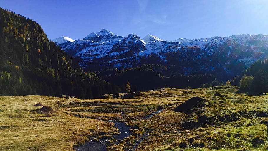verd, herba, muntanya, camp de gespa, a través de, durant el dia, neu, bosc, corrent, riu, paisatge, naturalesa, Serra, pic, camp, arbre, austrium, escenics - natura, hivern, cel, bellesa a la natura, temperatura de fred, medi ambient, planta, terra, arbre de coníferes, escena tranquil·la, tranquil·litat, muntanya nevada, cap gent, bosc de pi, pi, a l'aire lliure, cim de muntanya, 2K
