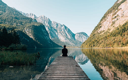 person, bridge, lake, background, clouds, daylight, dock, environment, grass, landscape, looking, man, mountains, outdoors, reflections, rocks, scenery, scenic, sitting, sky, trees, view, water, wooden, woods, one person, mountain, rear view, beauty in nature, scenics - nature, leisure activity, nature, reflection, tranquil scene, tranquility, relaxation, wood - material, vacations, mountain range, trip, looking at view, 4K, CC0, public domain, royalty free