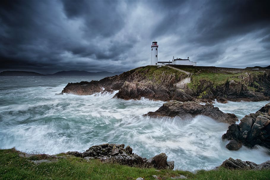 časosběrné fotografie, maják, útes, pláž, fotografie krajiny, Skála, voda, moře, oceán, vlna, splash, shazovat, tráva, nebe, mrak, Irsko, lough swilly, oplatka, mrak - nebe, věž, vedení, scenics - příroda, přistát, exteriér budovy, Příroda, bouřka, pohyb, rock - objekt, architektura, pevný, venku, nikdo, skalnaté pobřeží, moci, 5K