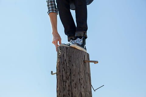 balance, balancing, equilibrium, man, stub, public domain images, one person, low section, human body part, day, men, standing, body part, human leg, sky, casual clothing, nature, leisure activity, real people, lifestyles, copy space, low angle view, outdoors, clear sky, shoe, human limb, human foot, 5K, CC0, public domain, royalty free