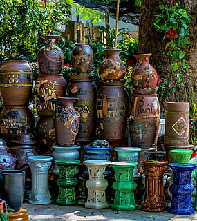 Object, Chum, Draught, Tree, Fair, on draught, hanoi, vietnam, pottery, cultures, decoration, flower Pot, craft, ceramics, ornate, terracotta, day, outdoors, religion, no people, statue, art and craft, plant, creativity, retail, for sale, variation, pot, choice, decorative urn, arrangement, nature, multi colored, metal, large group of objects, antique, retail display, 2K, CC0, public domain, royalty free