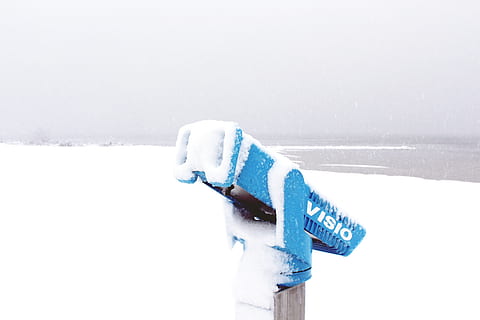 snow, winter, snowfall, wintry, white, cold, nature, winter dream, snowy, snow magic, winter magic, frozen, winter mood, winter picture, atmospheric, grey, ice and snow, lake, ice, bank, periscope, telescope, metal, still, close up, view, stainless steel, binoculars, rest, cold temperature, white color, copy space, day, blue, close-up, no people, outdoors, water, glove, wall - building feature, transportation, warm clothing, snowing, 2K, CC0, public domain, royalty free