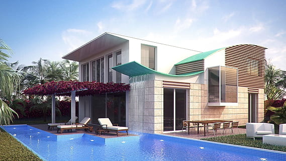 fotografia, blanc, concret, casa, arquitectura, dibuix, render de corona, CGI, 3d, gràfics, 3ds màx, Photoshop, naturalesa, exterior, piscina, verd, buganvília, estructura construïda, modern, blau, exterior de l'edifici, cel, luxe, aigua, riquesa, cap gent, Palmera, edifici, clima tropical, estiu, planta, arbre, a l'aire lliure, 1080P, CC0, domini públic, lliure de regalies