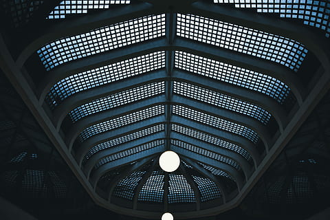 low, angle photography, mesh wall, white, pendant light, hanging, ceiling, window, architecture, design, light, grate, blue, summer, building, built structure, low angle view, indoors, illuminated, no people, lighting equipment, pattern, architectural feature, modern, shape, geometric shape, day, travel destinations, skylight, architecture and art, directly below, 5K, CC0, public domain, royalty free